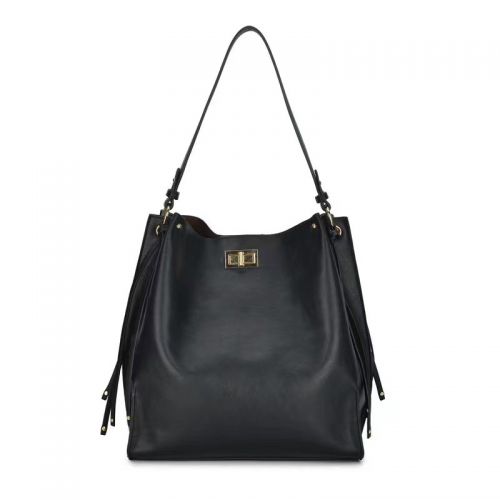 Black Vegan Leather Top Lock Closure Hobo Bag With Tassel